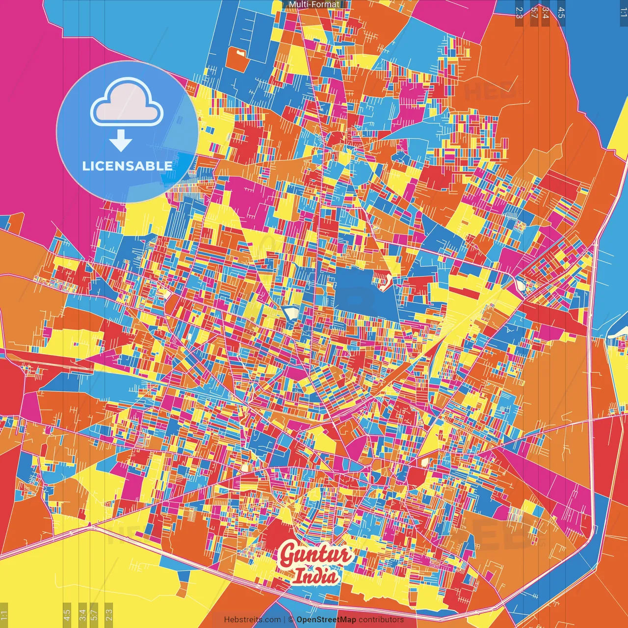 Guntur, Andhra Pradesh, India Crazy Colorful Street Map Poster Template