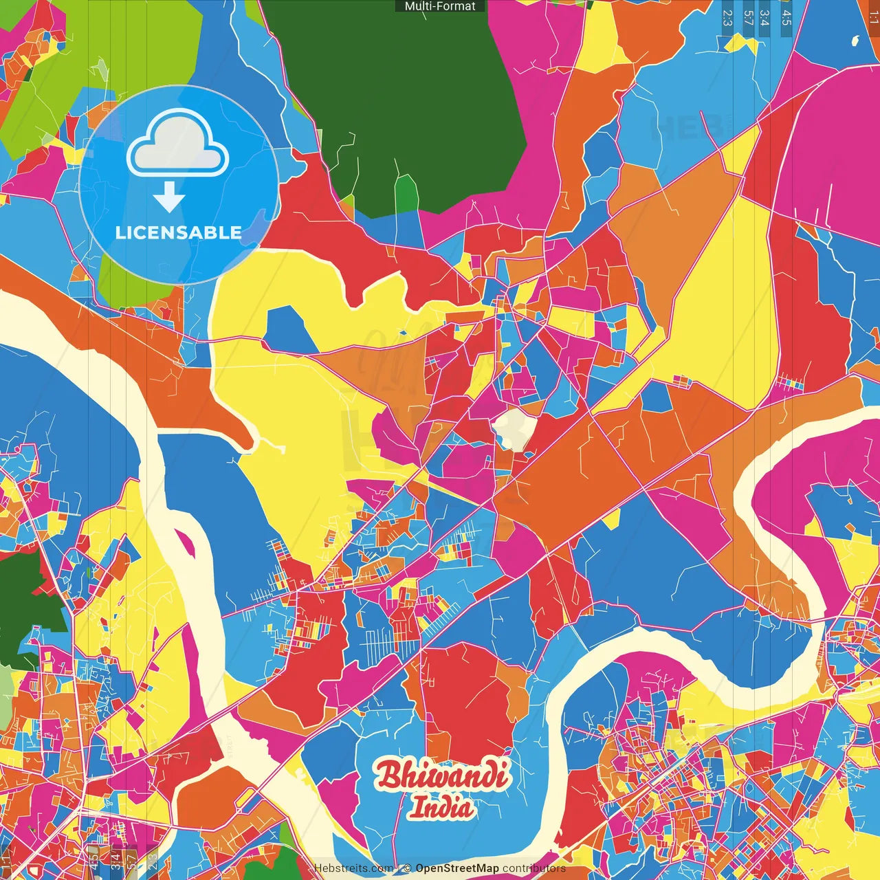 Bhiwandi, Maharashtra, India Crazy Colorful Street Map Poster Template