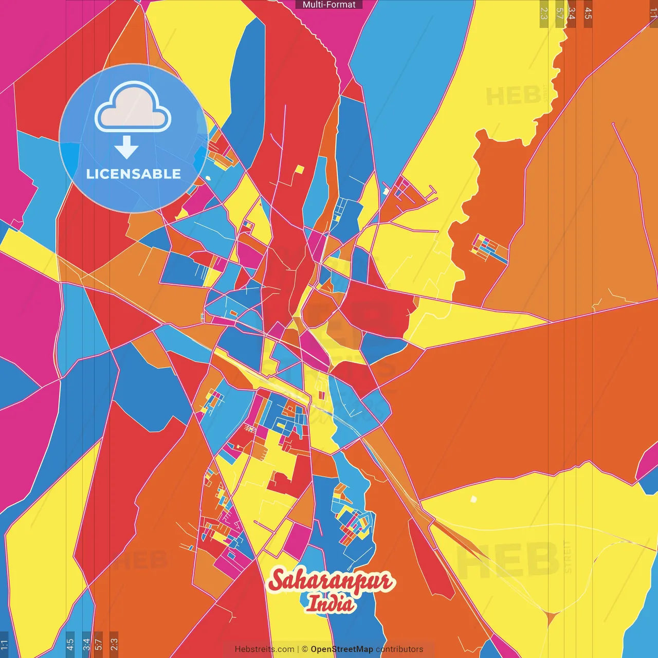 Saharanpur, Uttar Pradesh, India Crazy Colorful Street Map Poster Template