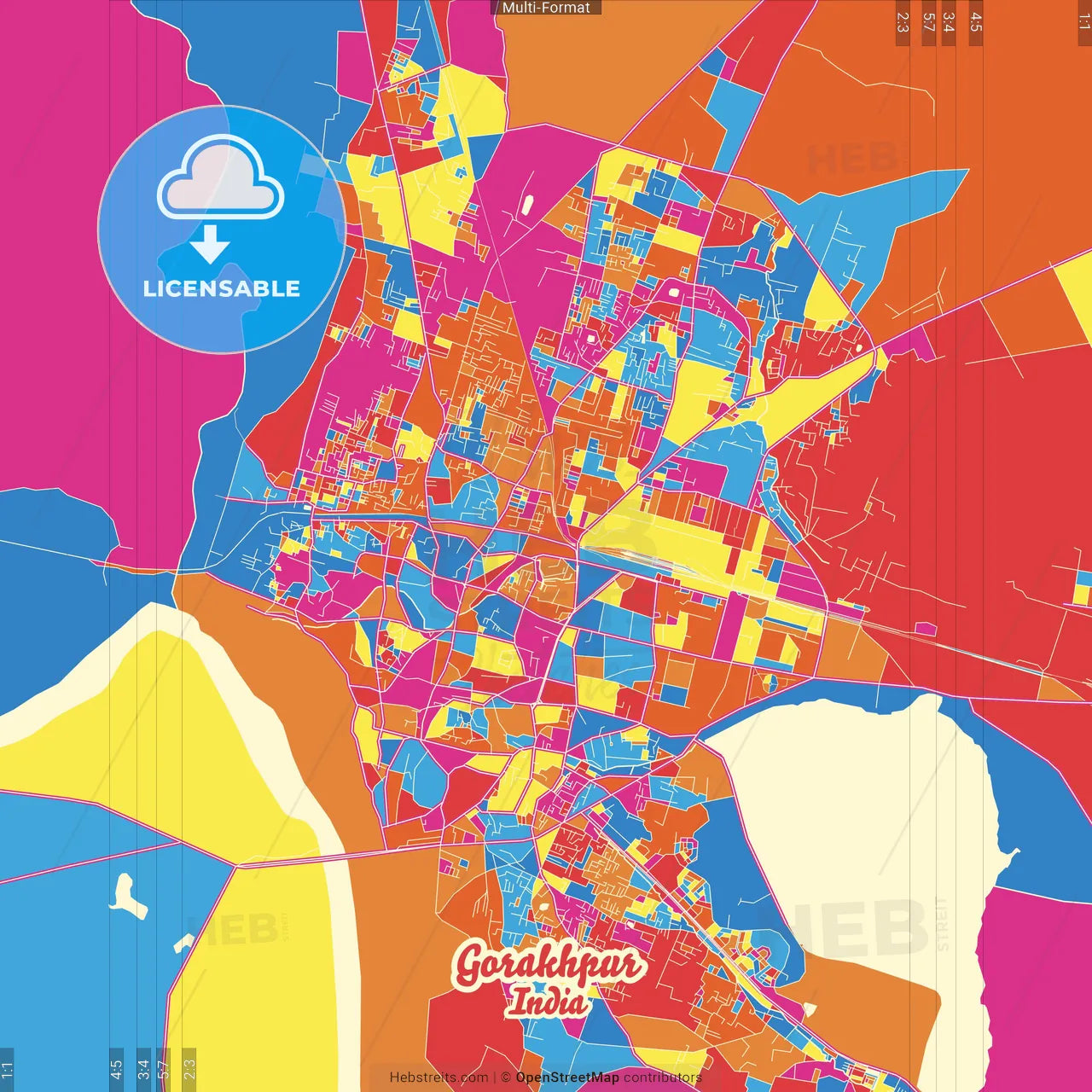 Gorakhpur, Uttar Pradesh, India Crazy Colorful Street Map Poster Template