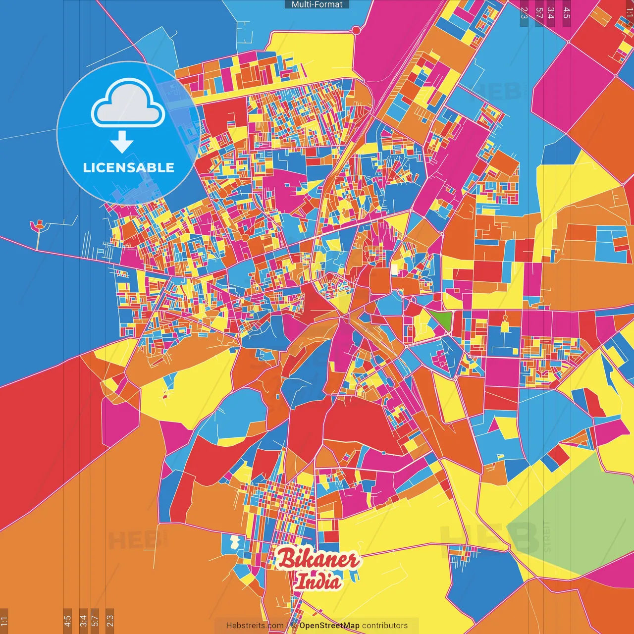 Bikaner, Rajasthan, India Crazy Colorful Street Map Poster Template