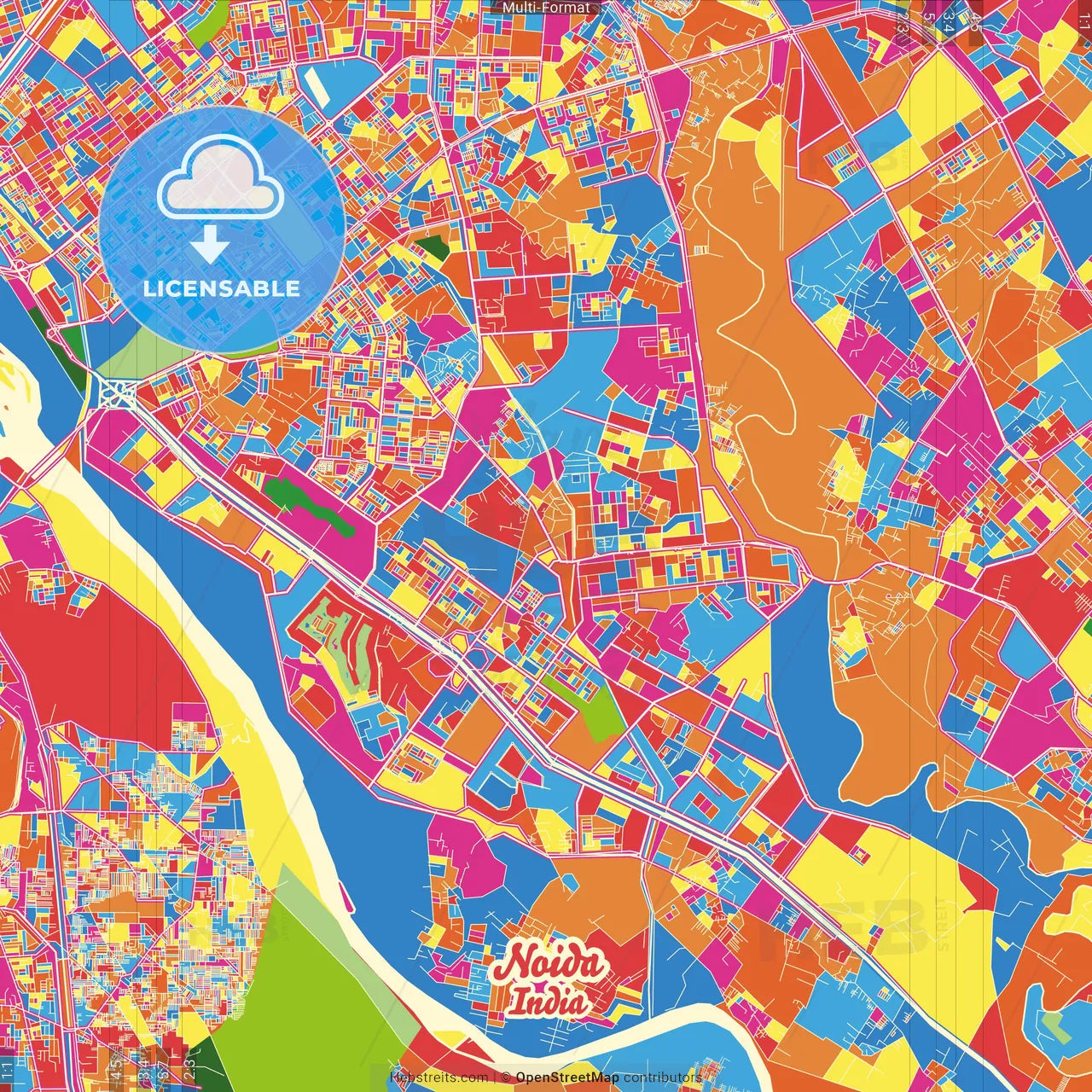 Noida, Uttar Pradesh, India Crazy Colorful Street Map Poster Template