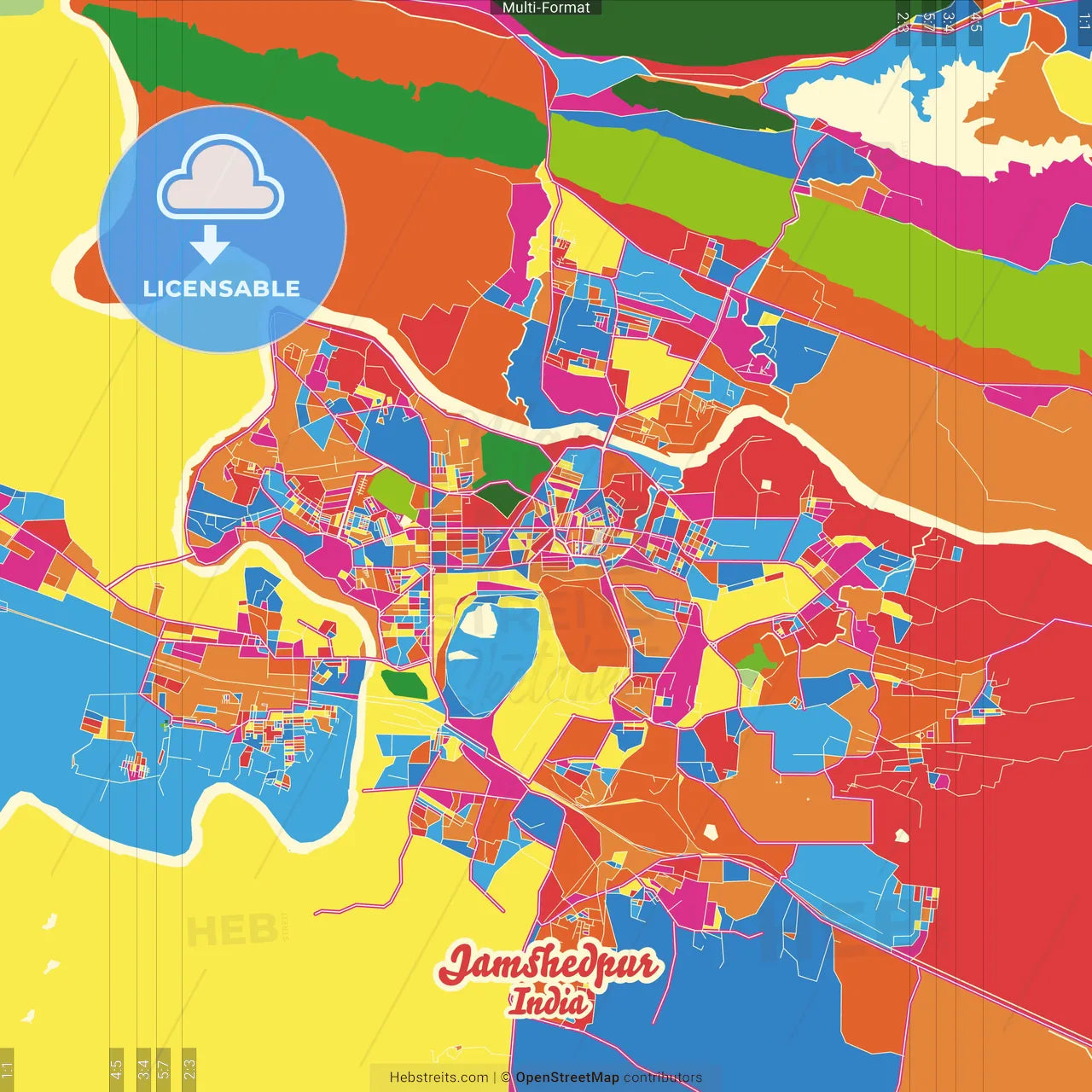 Jamshedpur, Jharkhand, India Crazy Colorful Street Map Poster Template