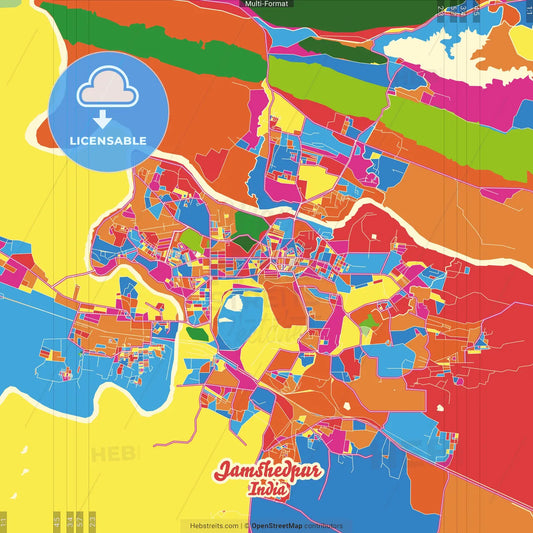 Jamshedpur, Jharkhand, India Crazy Colorful Street Map Poster Template