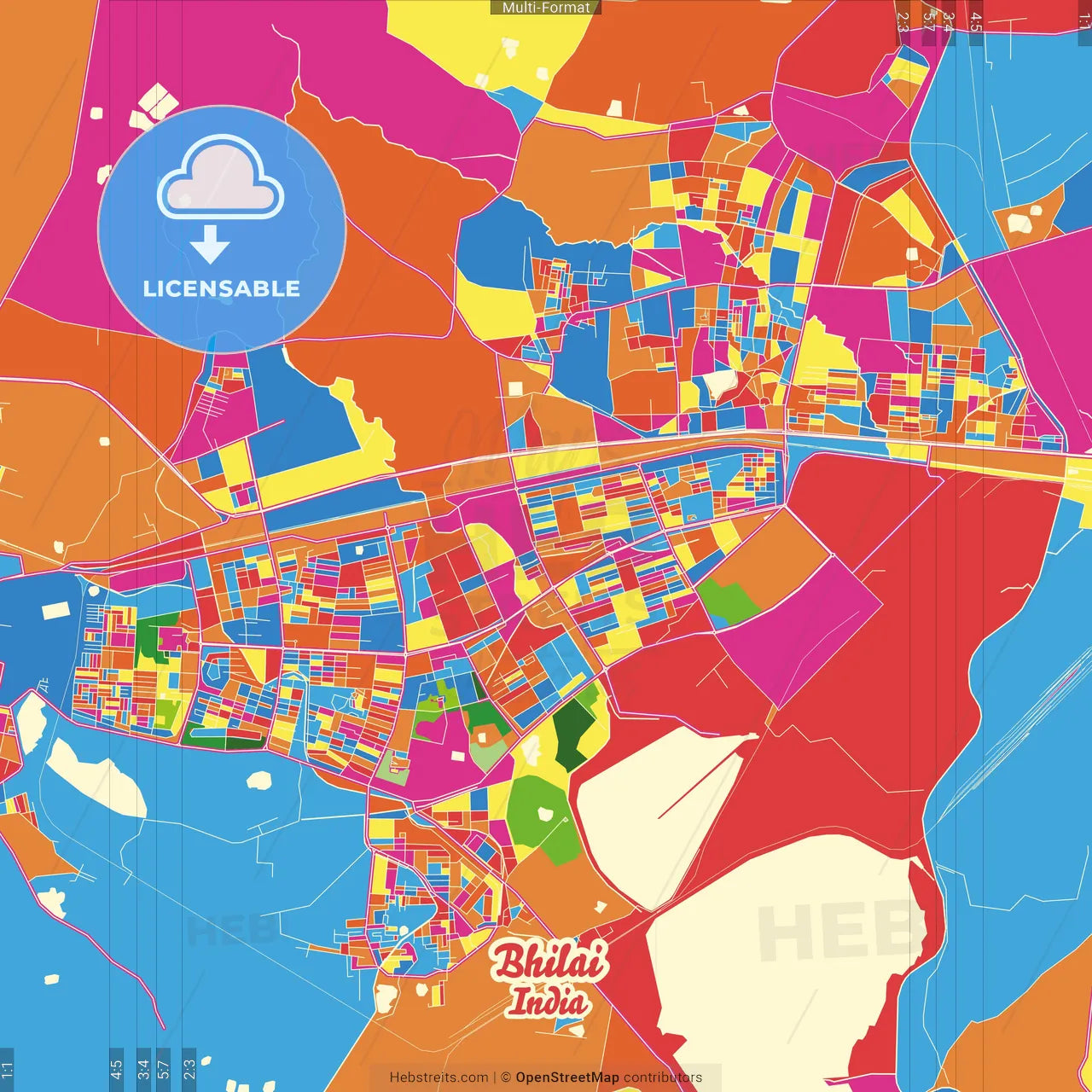 Bhilai, Chhattisgarh, India Crazy Colorful Street Map Poster Template