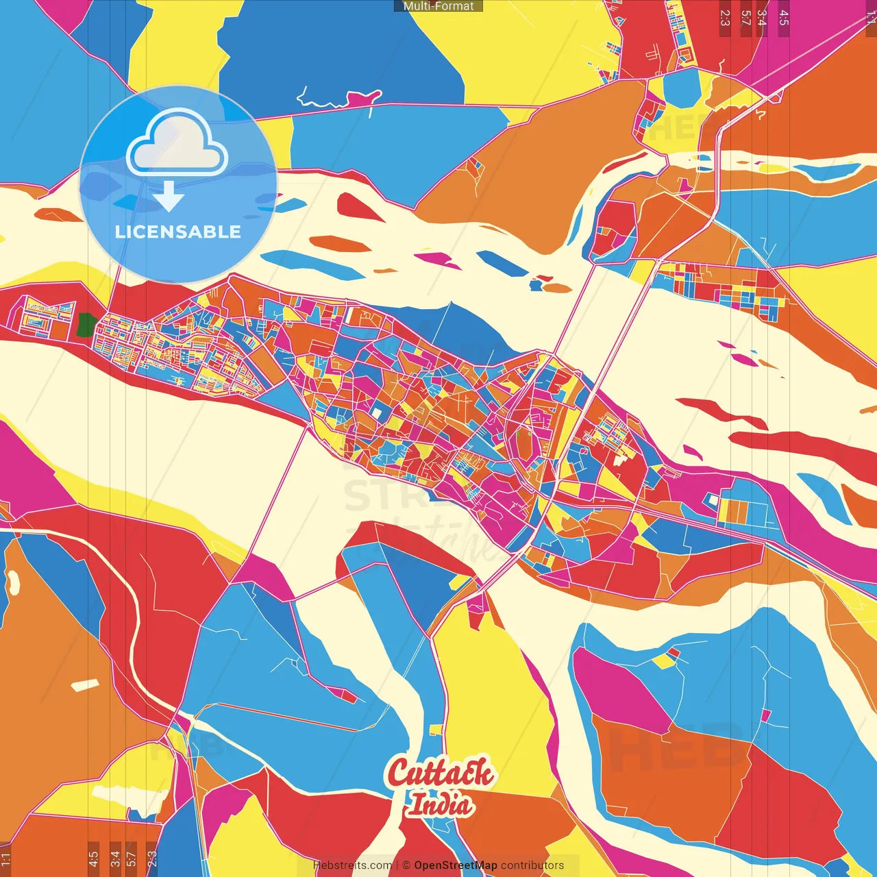 Cuttack, Odisha, India Crazy Colorful Street Map Poster Template