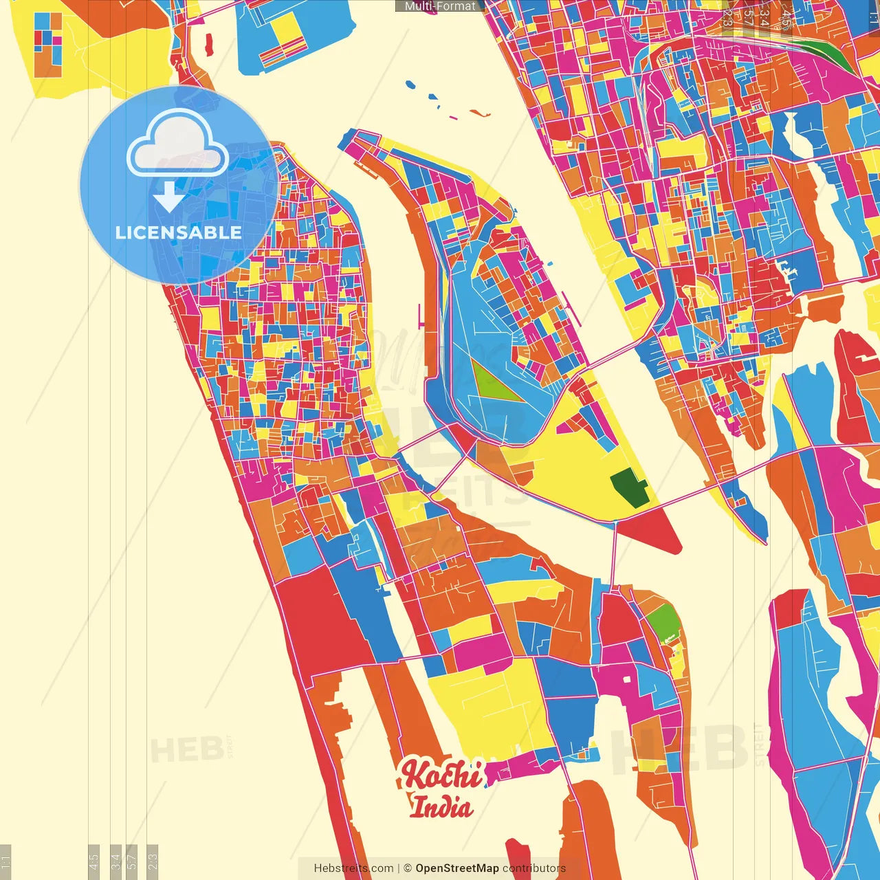 Kochi, Kerala, India Crazy Colorful Street Map Poster Template