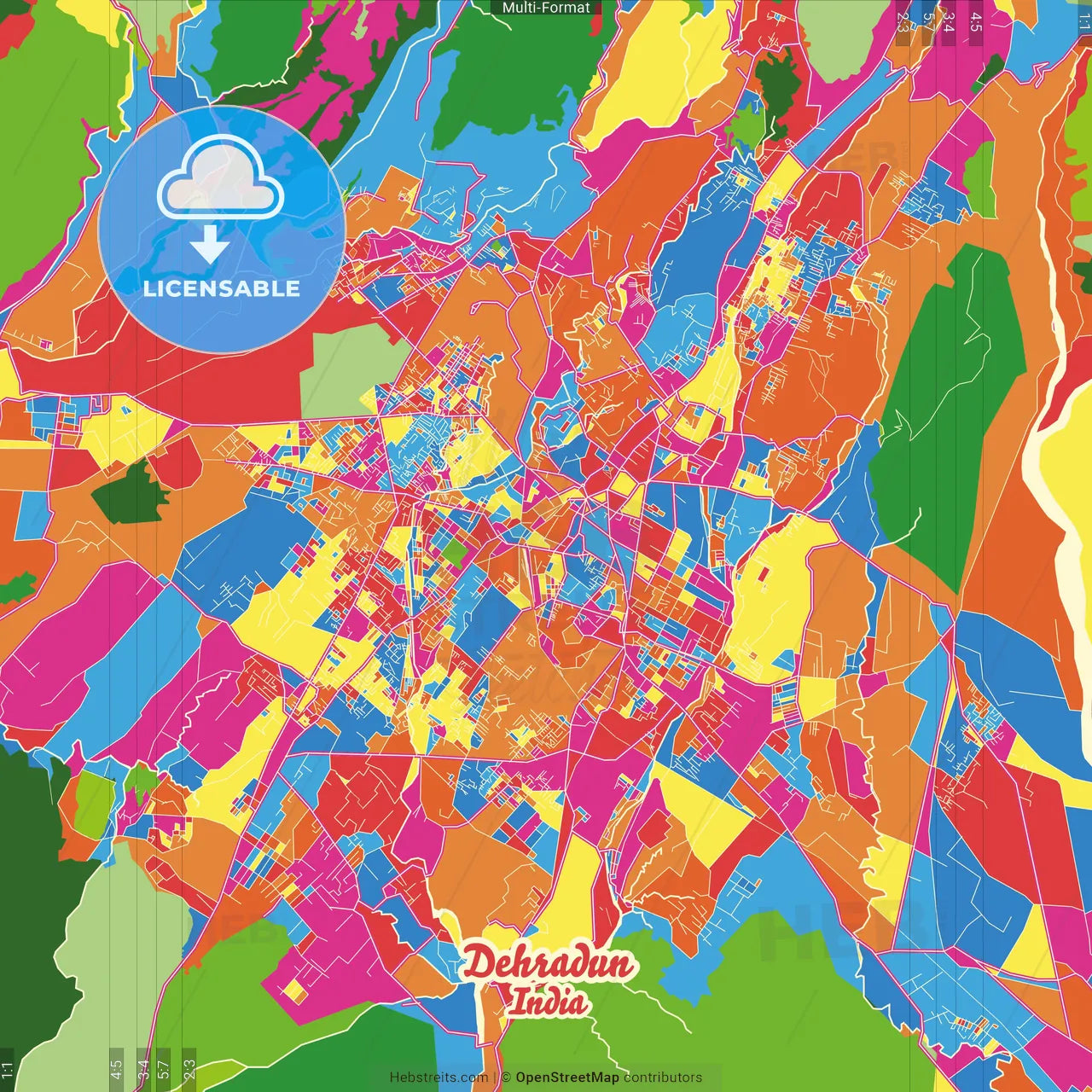 Dehradun, Uttarakhand, India Crazy Colorful Street Map Poster Template