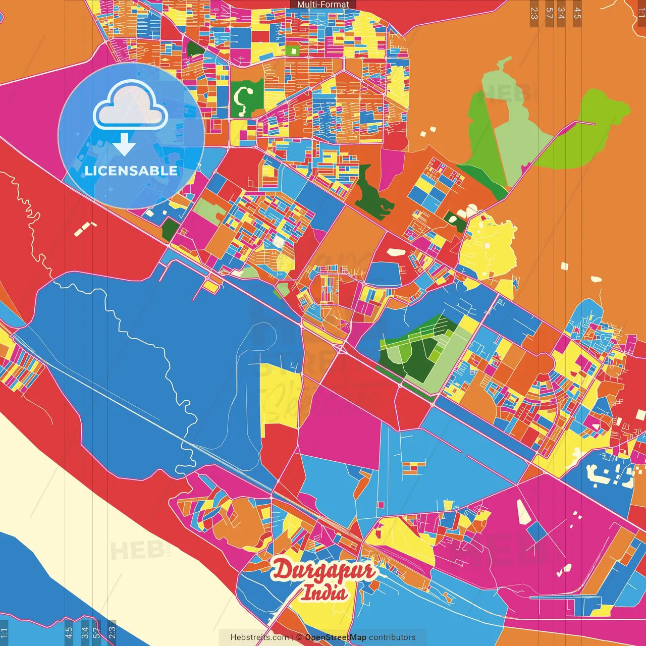 Durgapur, West Bengal, India Crazy Colorful Street Map Poster Template