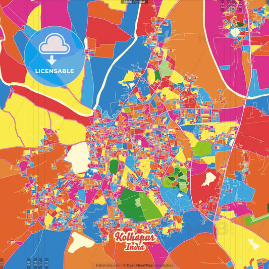 Kolhapur, Maharashtra, India Crazy Colorful Street Map Poster Template