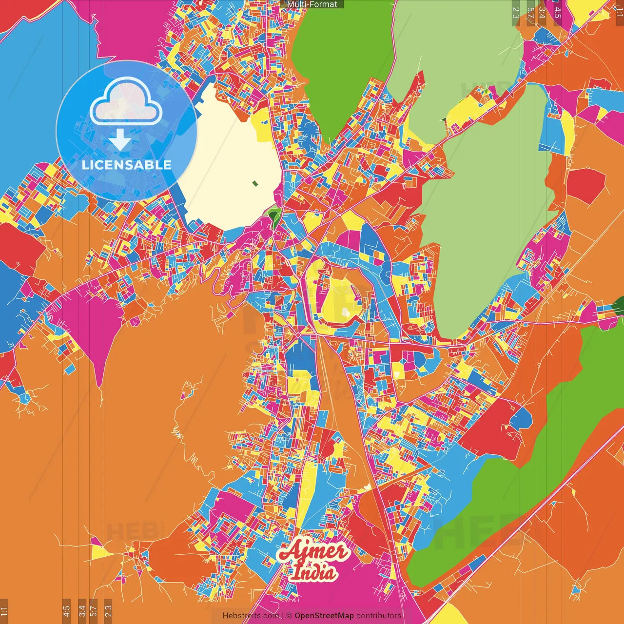 Ajmer, Rajasthan, India Crazy Colorful Street Map Poster Template
