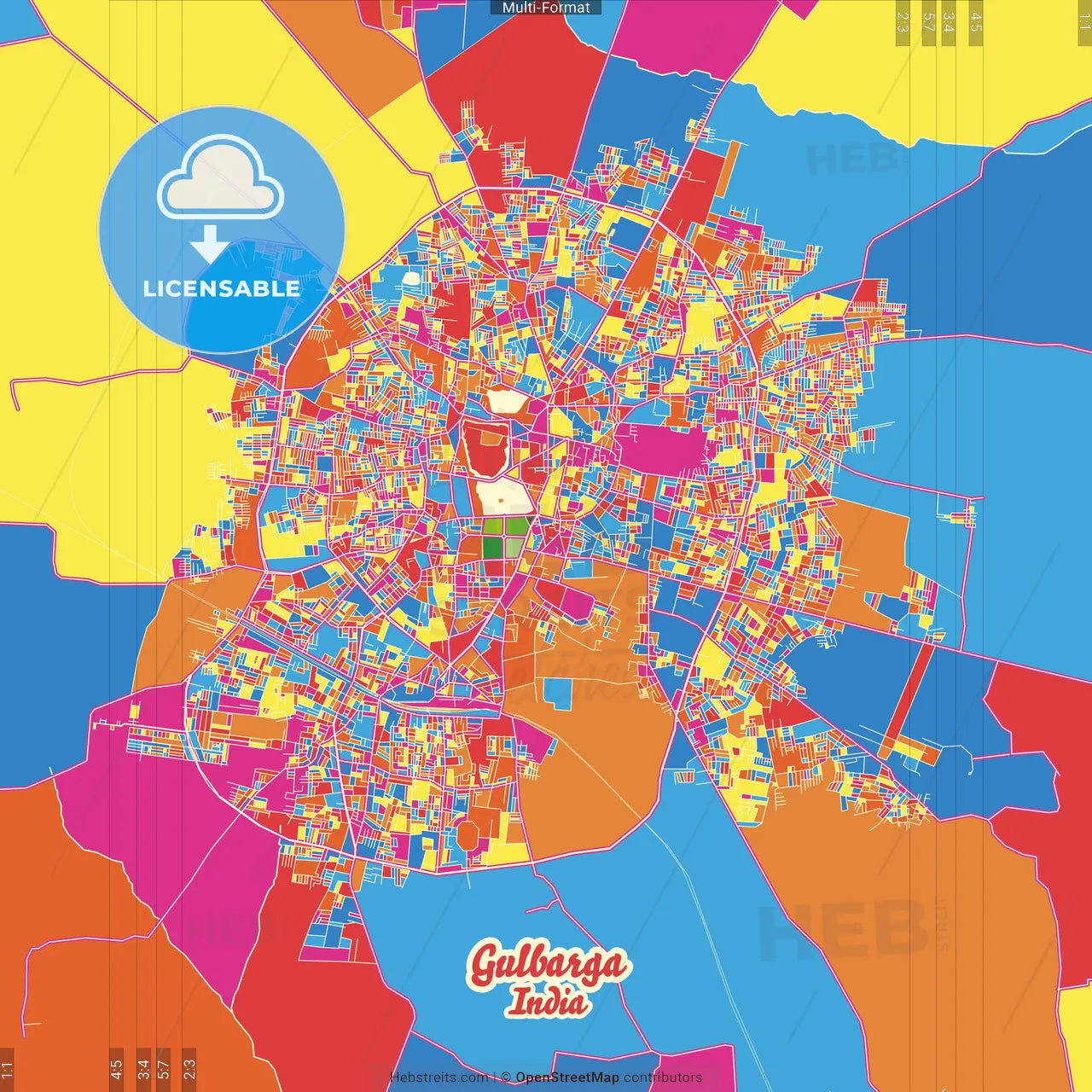Gulbarga, Karnataka, India Crazy Colorful Street Map Poster Template
