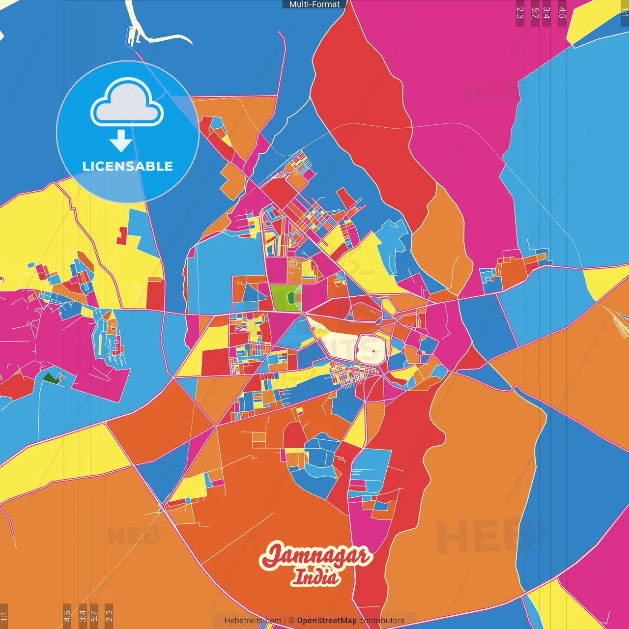 Jamnagar, Gujarat, India Crazy Colorful Street Map Poster Template