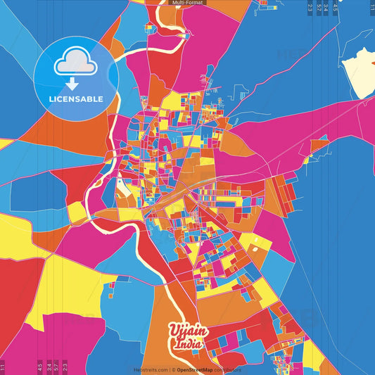 Ujjain, Madhya Pradesh, India Crazy Colorful Street Map Poster Template