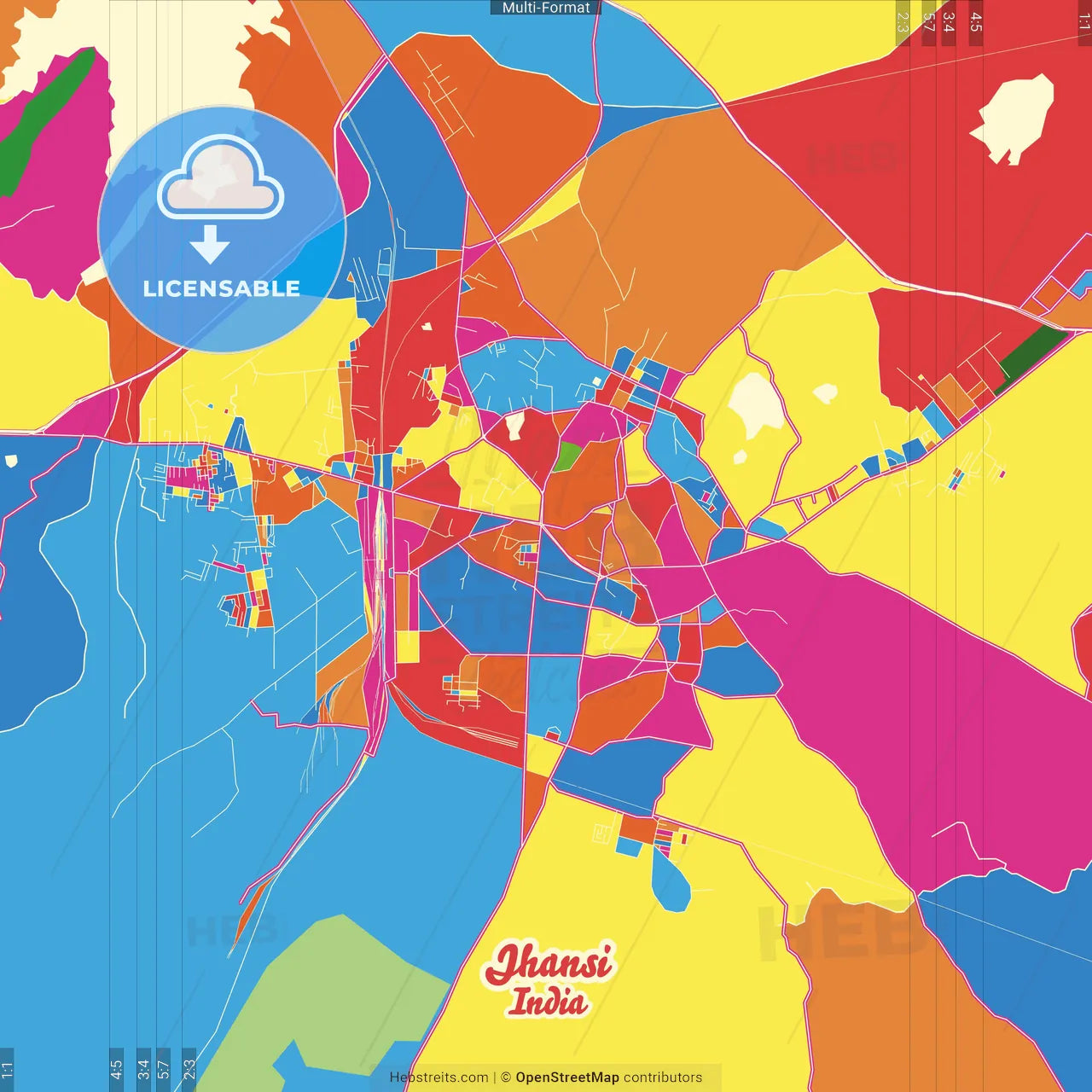 Jhansi, Uttar Pradesh, India Crazy Colorful Street Map Poster Template