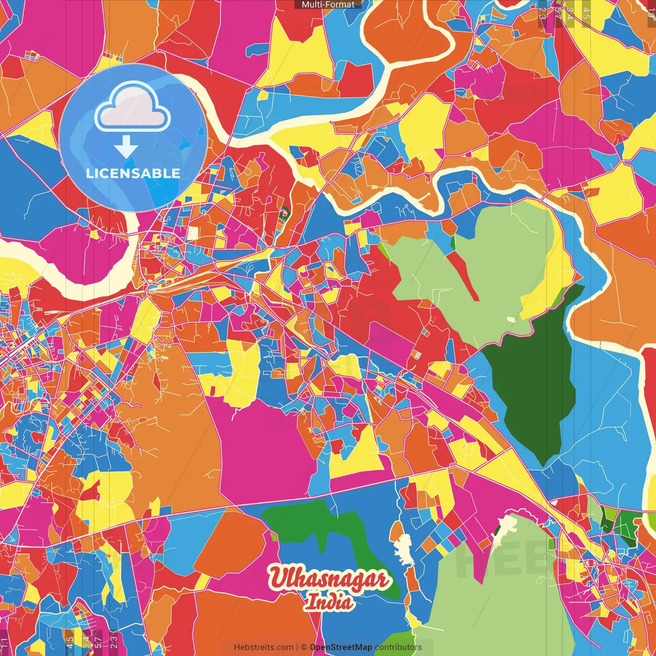 Ulhasnagar, Maharashtra, India Crazy Colorful Street Map Poster Template