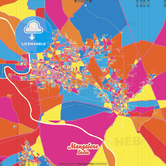 Mangalore, Karnataka, India Crazy Colorful Street Map Poster Template