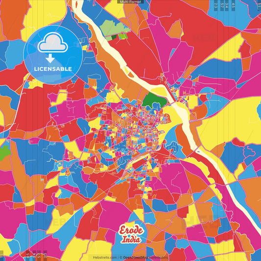 Erode, Tamil Nadu, India Crazy Colorful Street Map Poster Template