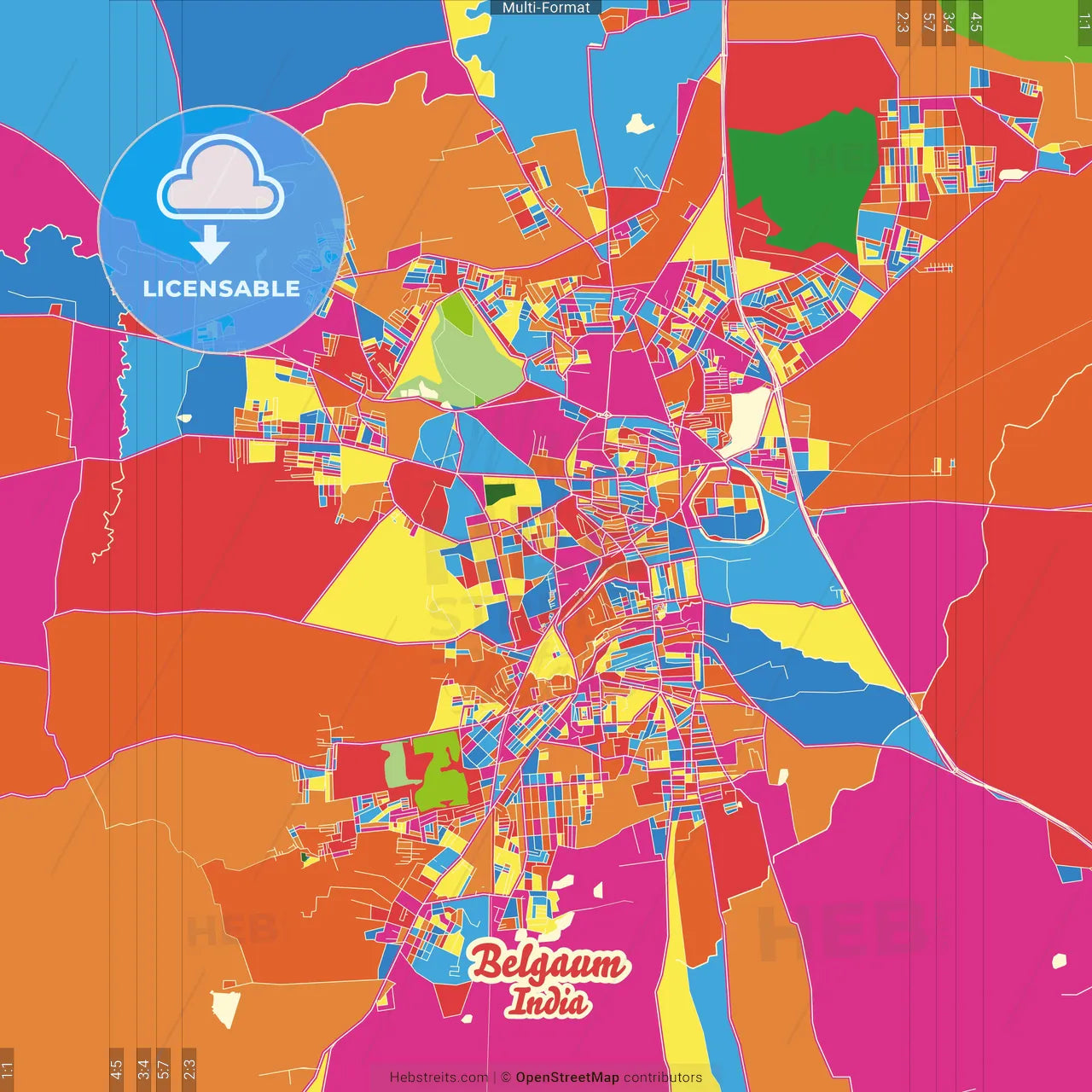 Belgaum, Karnataka, India Crazy Colorful Street Map Poster Template