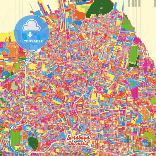 Surabaya, East Java, Indonesia Crazy Colorful Street Map Poster Template