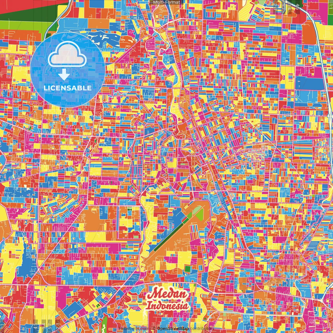 Medan, North Sumatra, Indonesia Crazy Colorful Street Map Poster Template