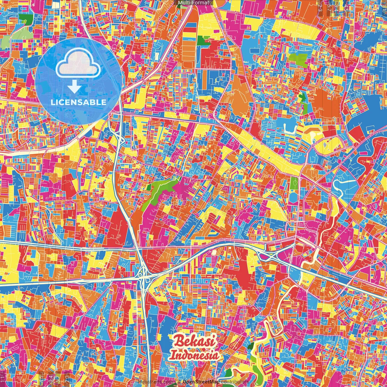 Bekasi, West Java, Indonesia Crazy Colorful Street Map Poster Template