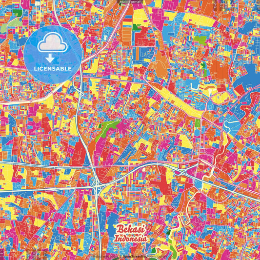 Bekasi, West Java, Indonesia Crazy Colorful Street Map Poster Template