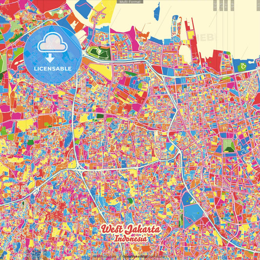 West Jakarta, Indonesia Crazy Colorful Street Map Poster Template