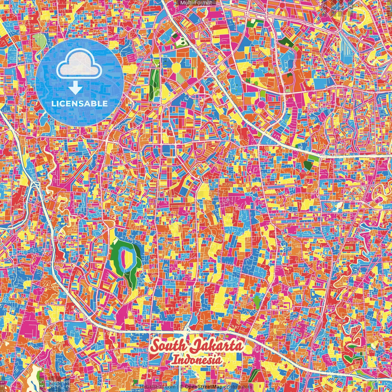 South Jakarta, Indonesia Crazy Colorful Street Map Poster Template