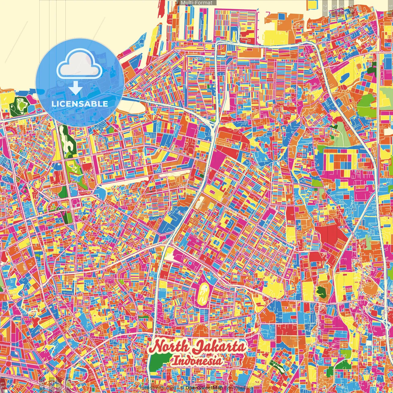 North Jakarta, Indonesia Crazy Colorful Street Map Poster Template