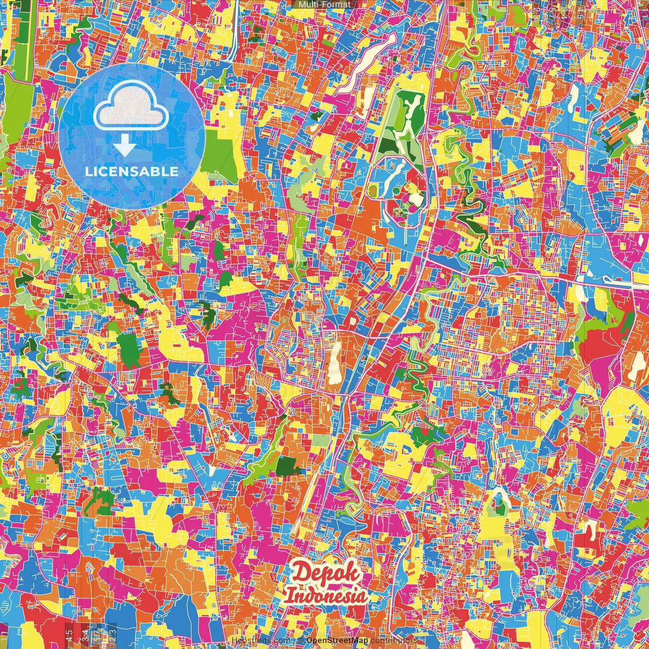 Depok, West Java, Indonesia Crazy Colorful Street Map Poster Template