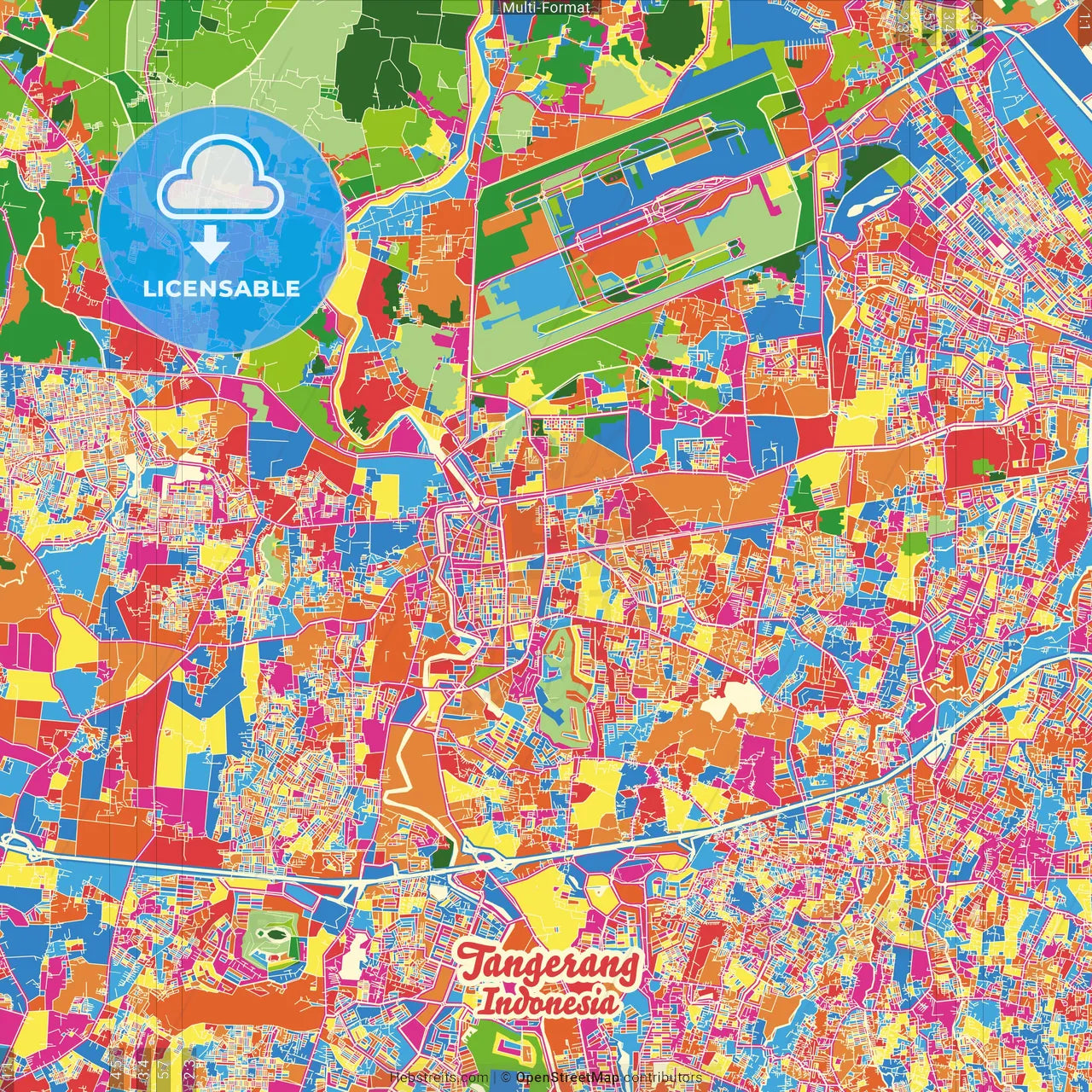 Tangerang, Banten, Indonesia Crazy Colorful Street Map Poster Template