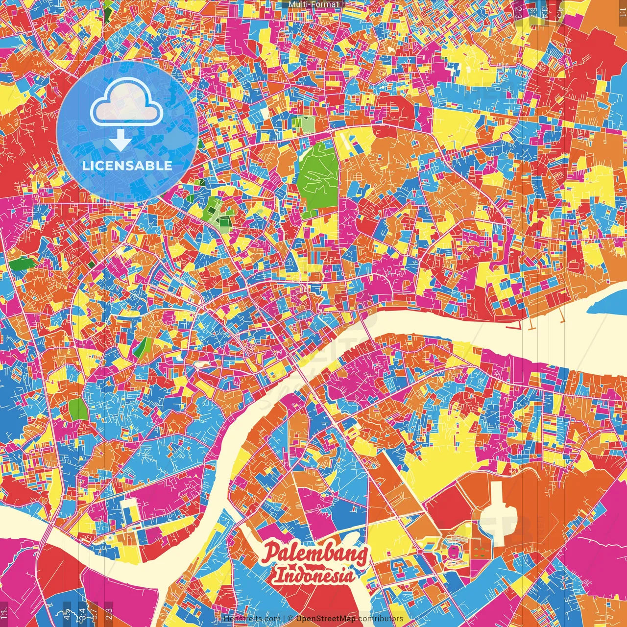 Palembang, South Sumatra, Indonesia Crazy Colorful Street Map Poster Template