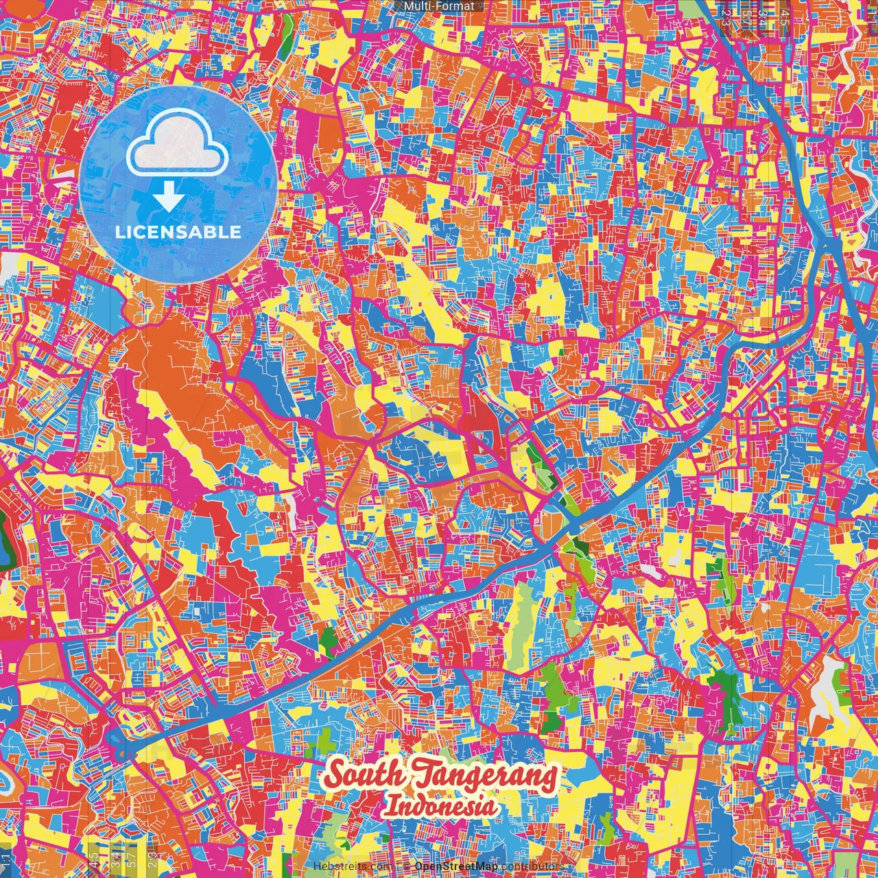 South Tangerang, Banten, Indonesia Crazy Colorful Street Map Poster Template