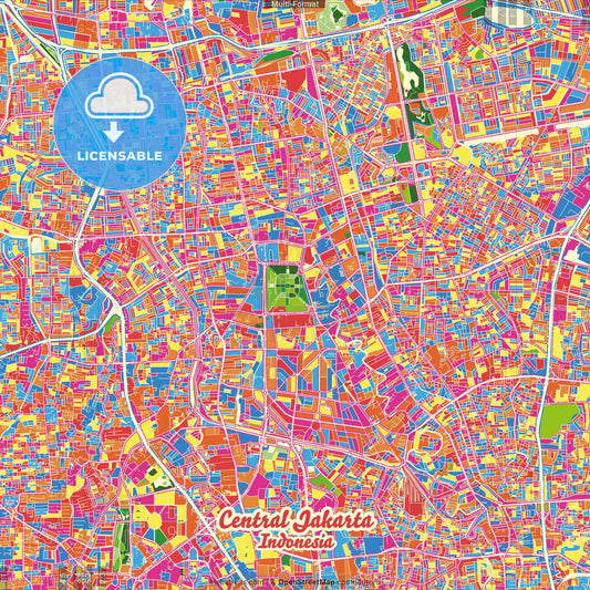 Central Jakarta, Indonesia Crazy Colorful Street Map Poster Template