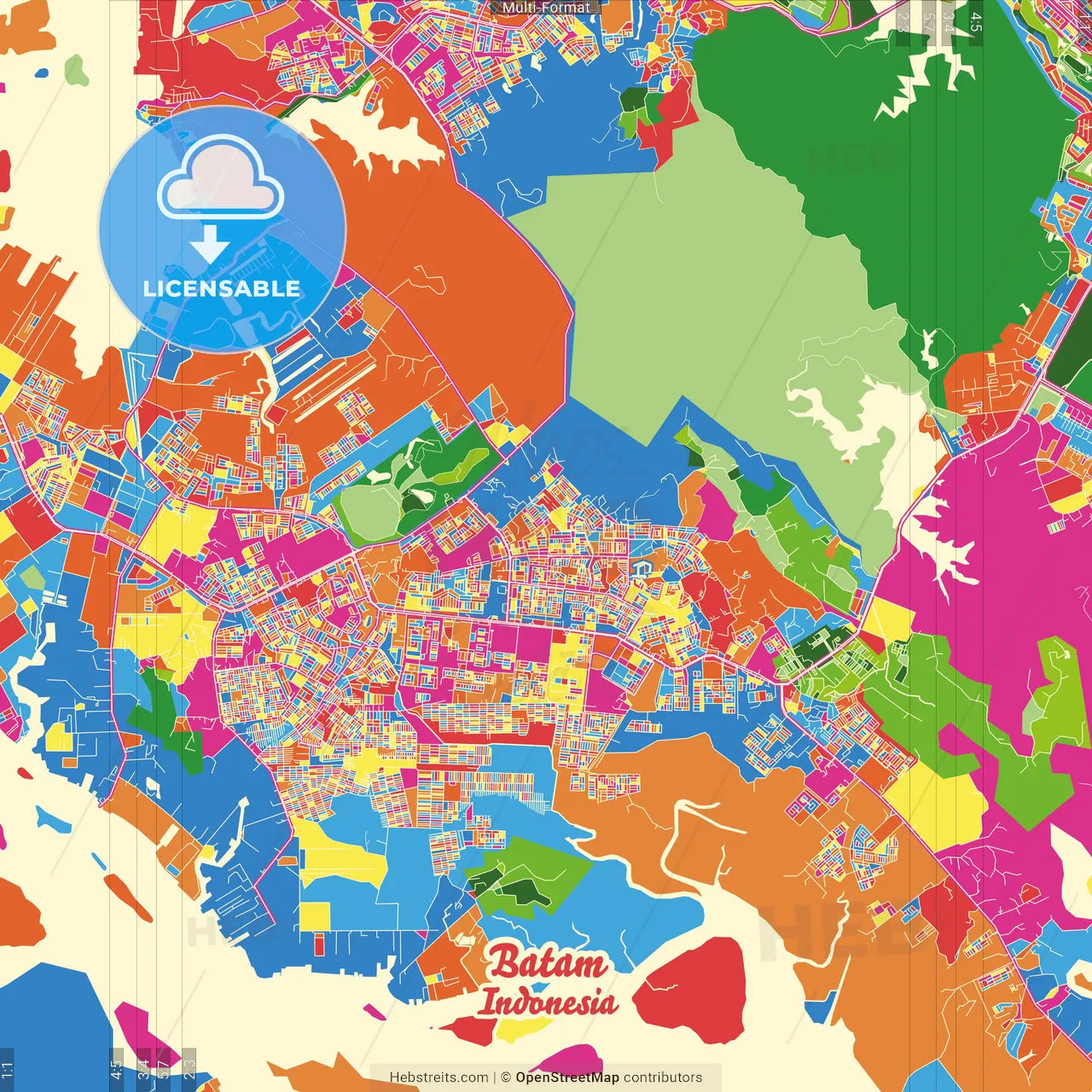 Batam, Kepulauan Riau, Indonesia Crazy Colorful Street Map Poster Template