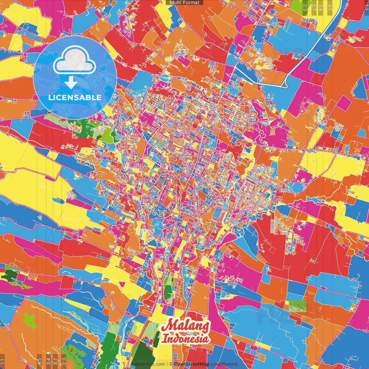 Malang, East Java, Indonesia Crazy Colorful Street Map Poster Template