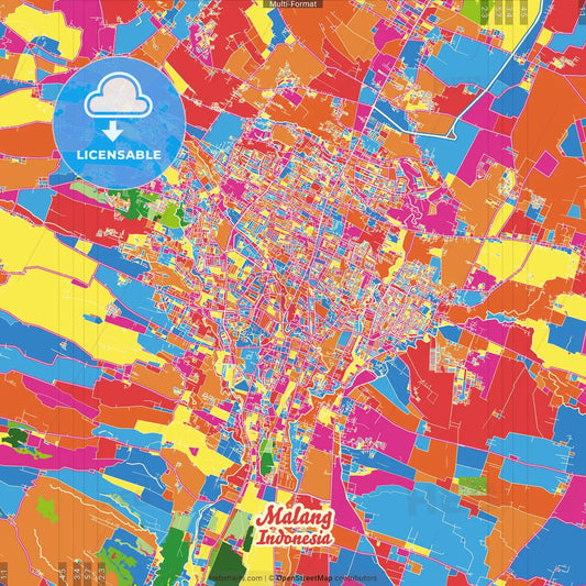 Malang, East Java, Indonesia Crazy Colorful Street Map Poster Template