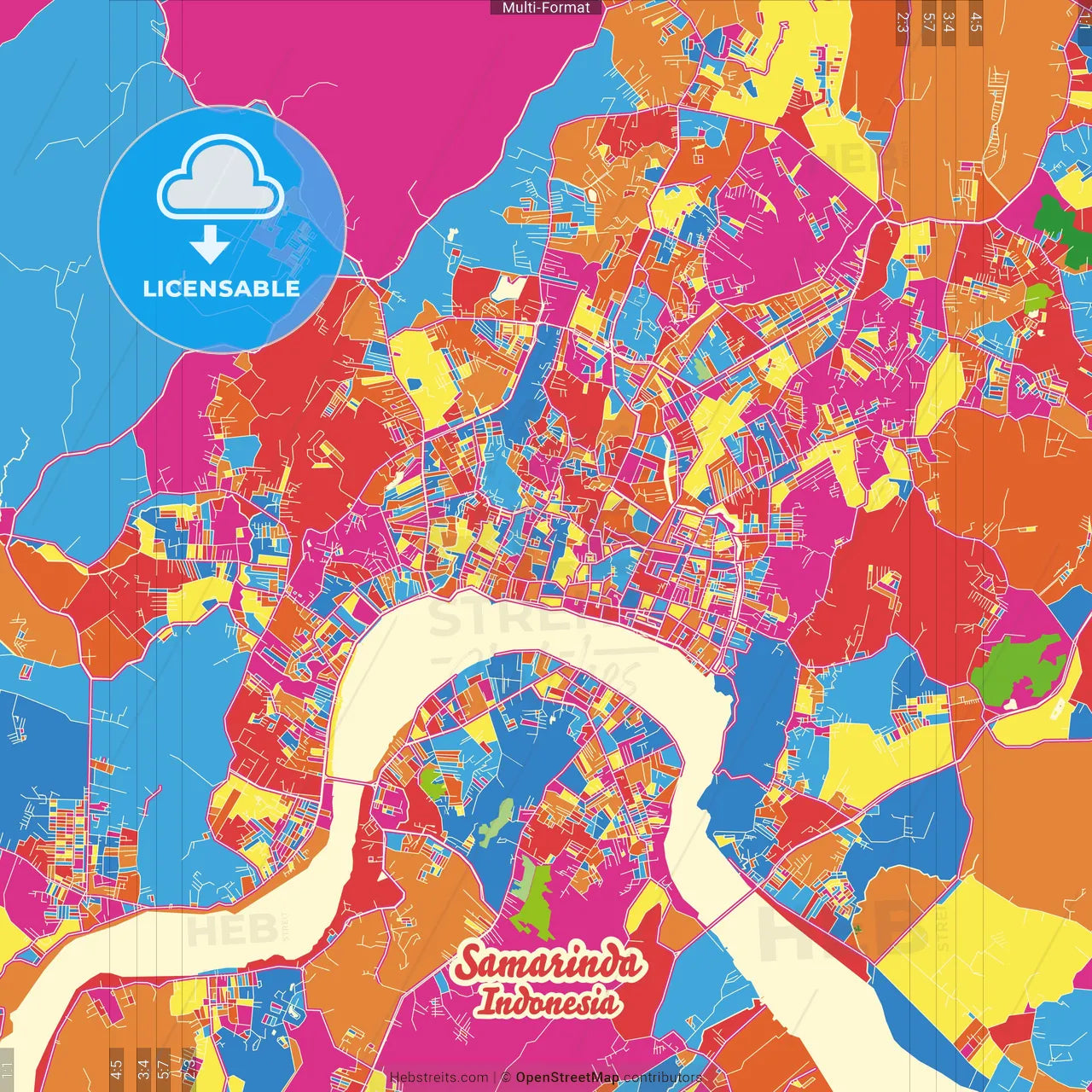 Samarinda, East Kalimantan, Indonesia Crazy Colorful Street Map Poster Template