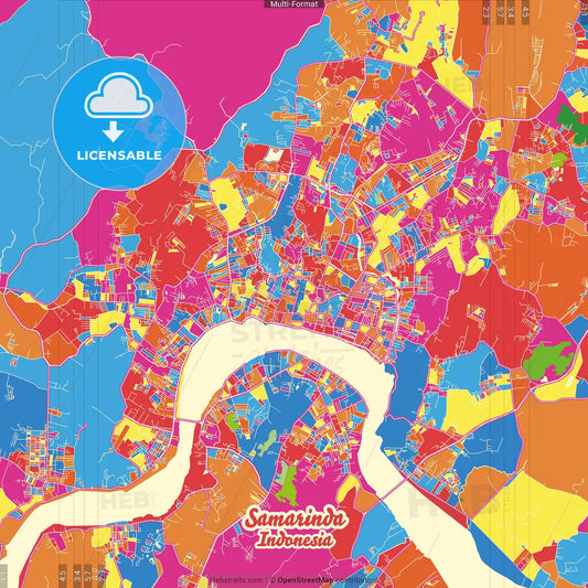 Samarinda, East Kalimantan, Indonesia Crazy Colorful Street Map Poster Template