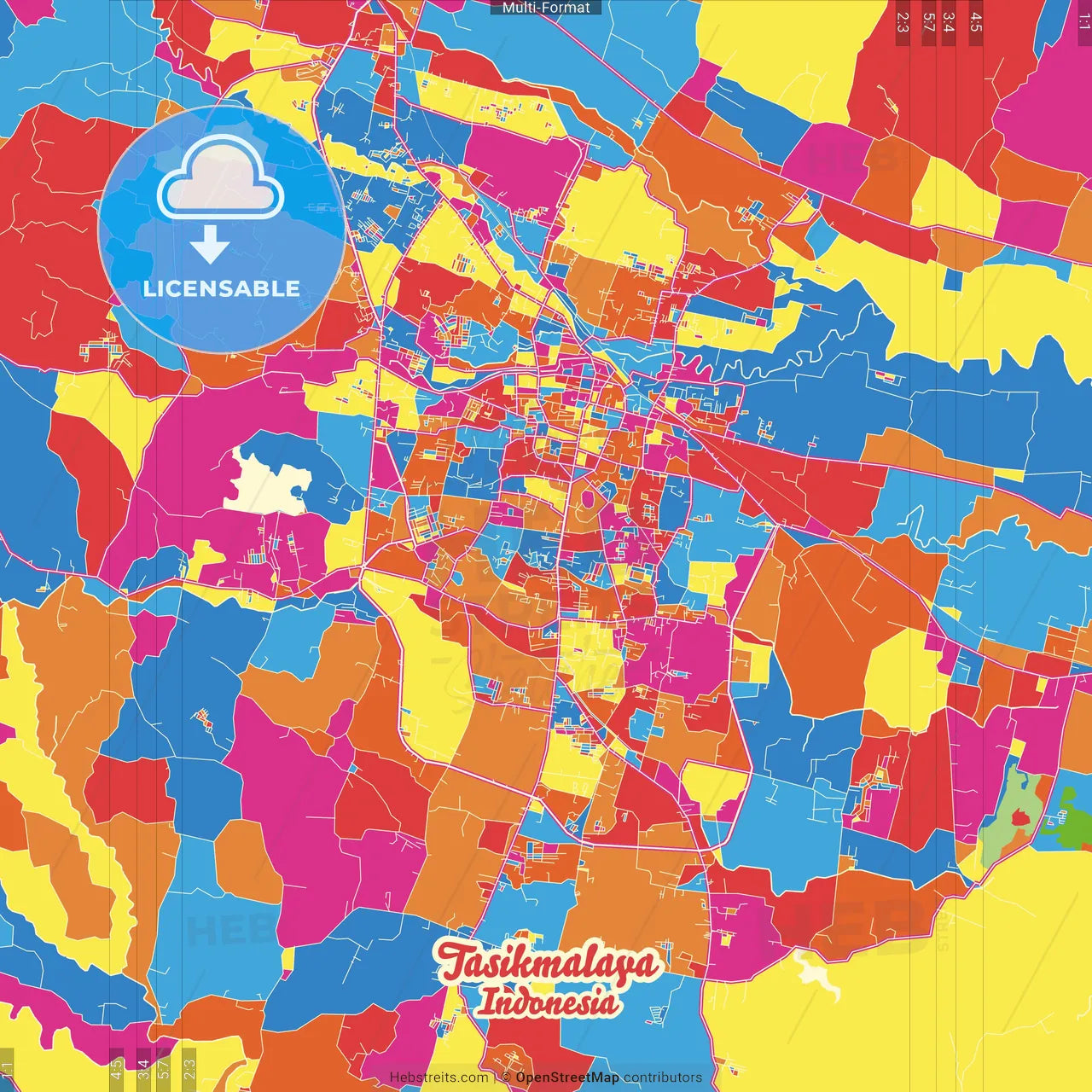 Tasikmalaya, West Java, Indonesia Crazy Colorful Street Map Poster Template