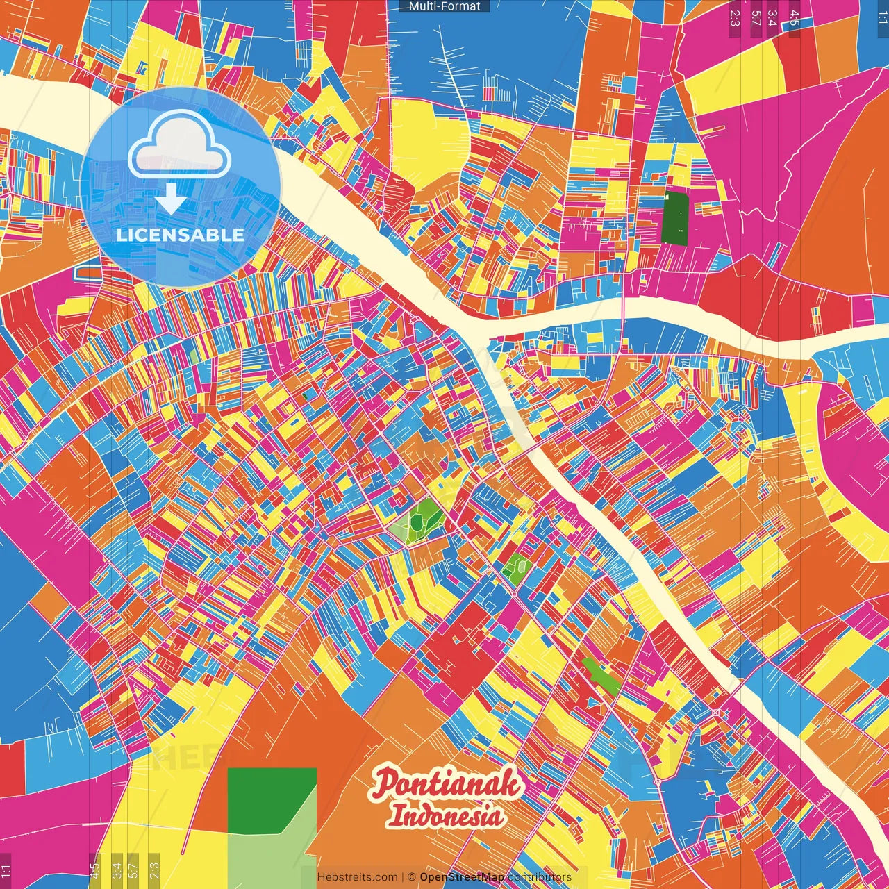 Pontianak, West Kalimantan, Indonesia Crazy Colorful Street Map Poster Template