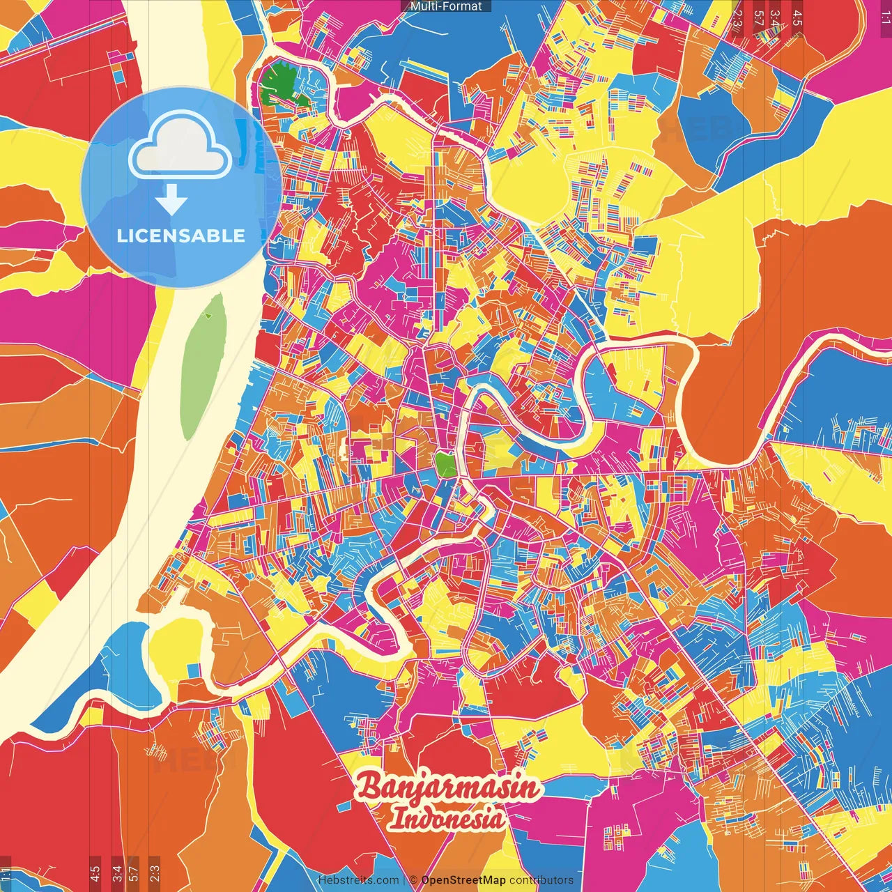 Banjarmasin, South Kalimantan, Indonesia Crazy Colorful Street Map Poster Template