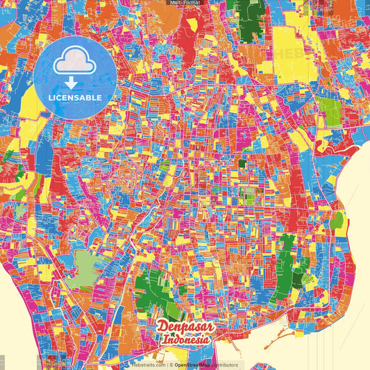 Denpasar, Bali, Indonesia Crazy Colorful Street Map Poster Template