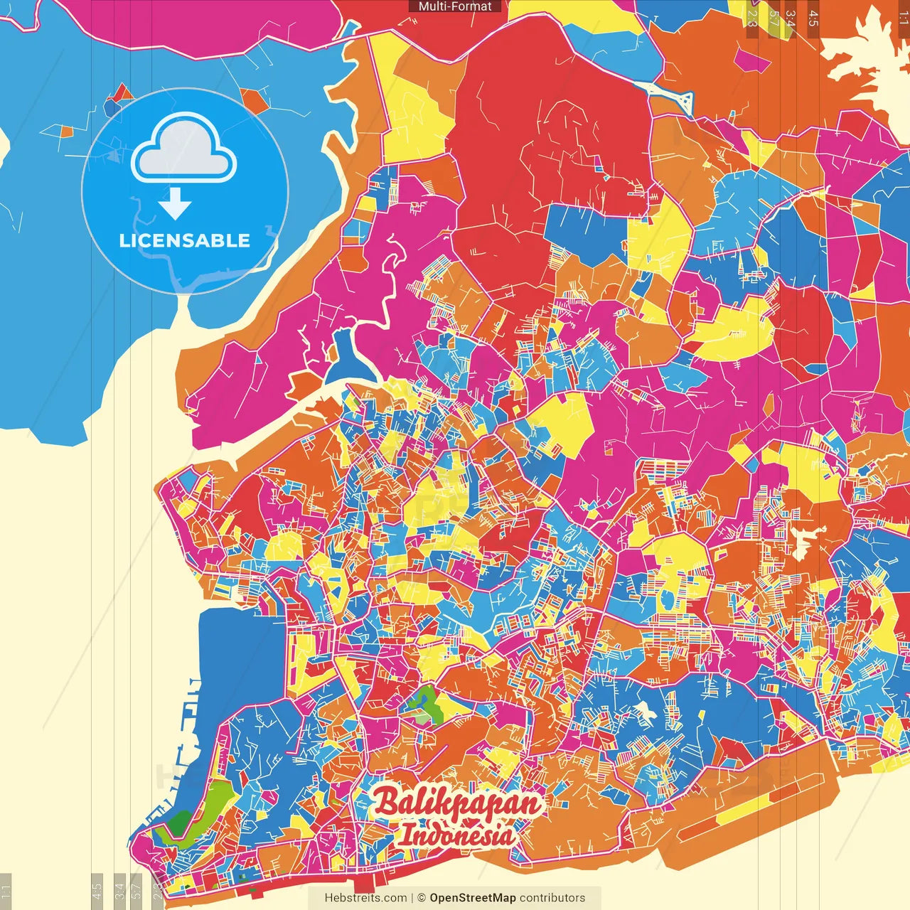 Balikpapan, East Kalimantan, Indonesia Crazy Colorful Street Map Poster Template