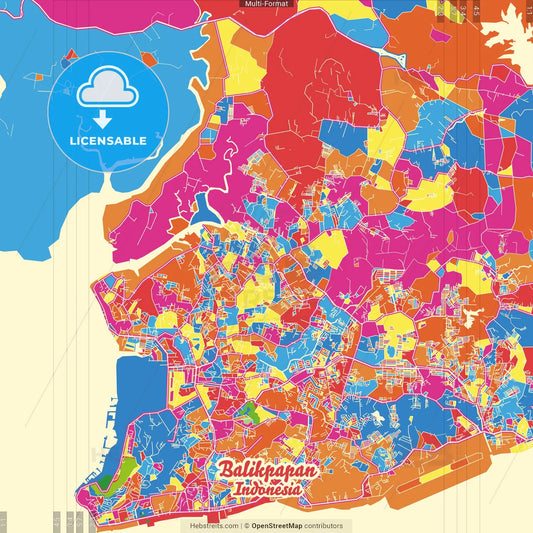 Balikpapan, East Kalimantan, Indonesia Crazy Colorful Street Map Poster Template