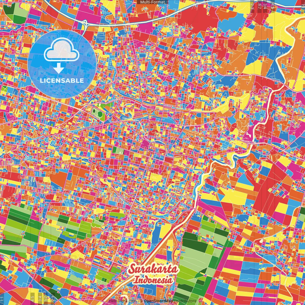 Surakarta, Central Java, Indonesia Crazy Colorful Street Map Poster Template