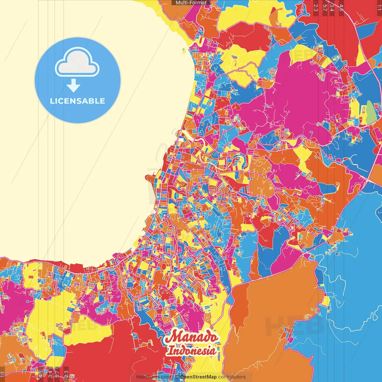 Manado, North Sulawesi, Indonesia Crazy Colorful Street Map Poster Template