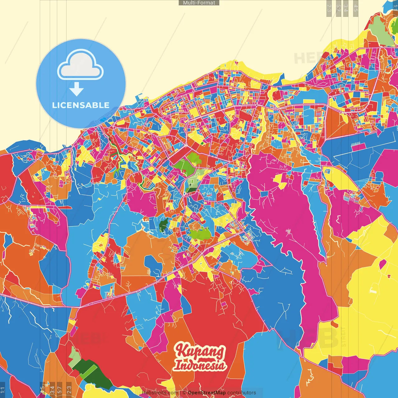 Kupang, East Nusa Tenggara, Indonesia Crazy Colorful Street Map Poster Template