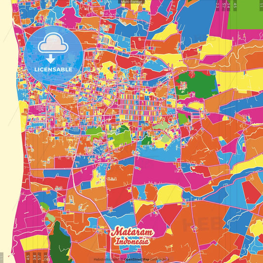 Mataram, West Nusa Tenggara, Indonesia Crazy Colorful Street Map Poster Template